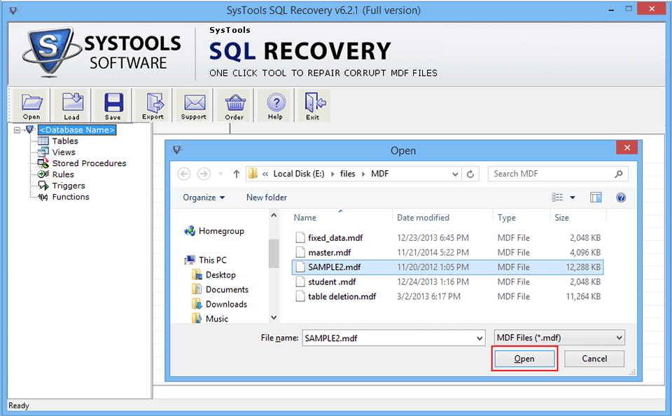 choose damaged database to recover Database File